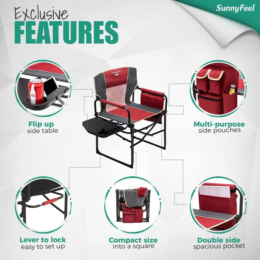Camping Directors Chair Heavy Duty Portable Folding Chair With Side Table Pocket