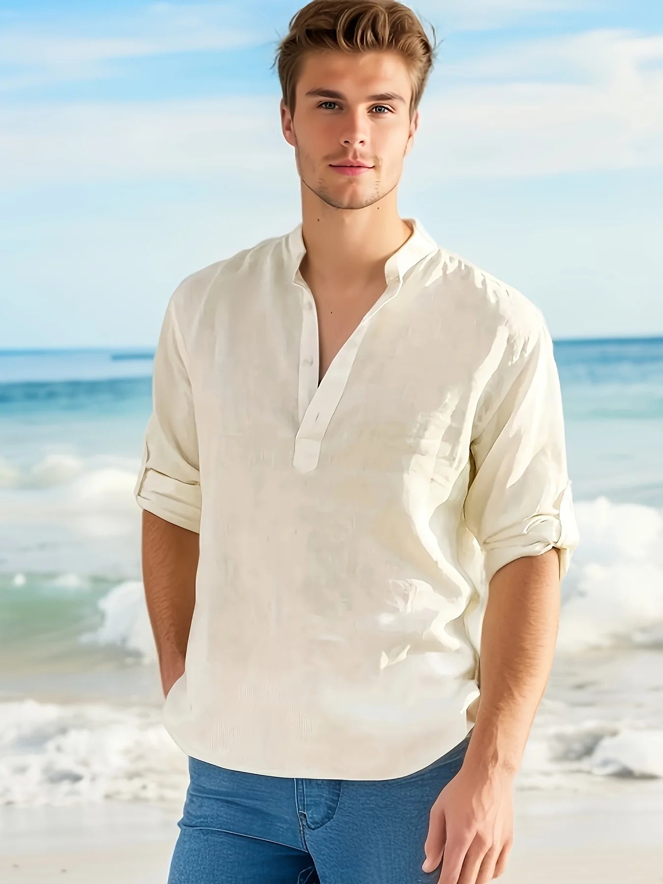 Men's Linen Stand Collar Long Sleeve Shirt Cotton Linen