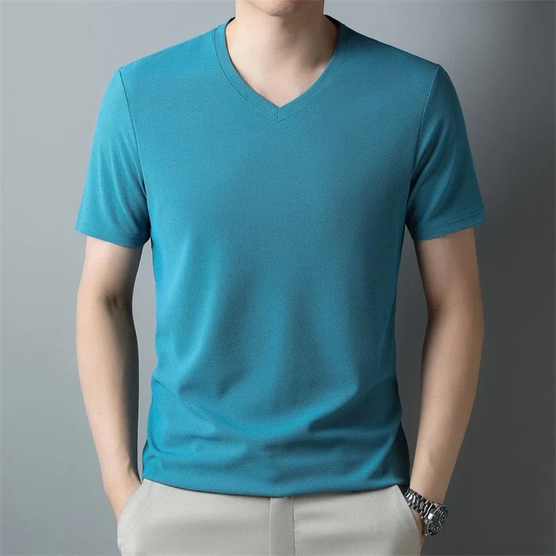 Men Waffle Knit V Neck Short Sleeve T Shirt Casual Top