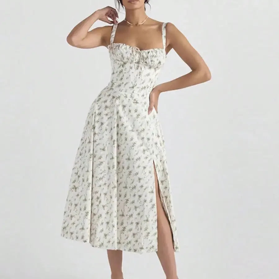 French Style Backless Floral Slit Spaghetti Strap Dress For Women