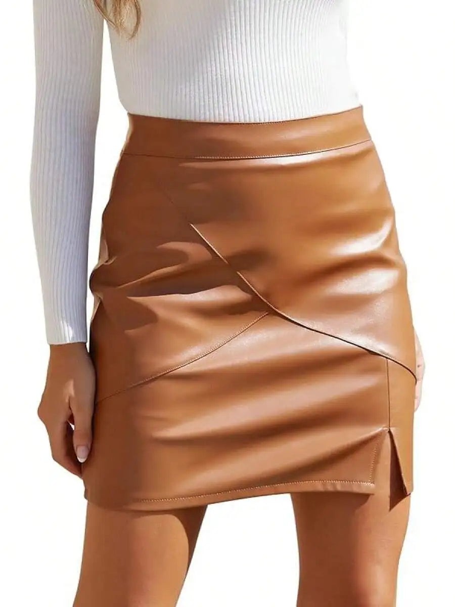Women Faux Leather High Waisted Bodycon Pencil Skirt With Zipper