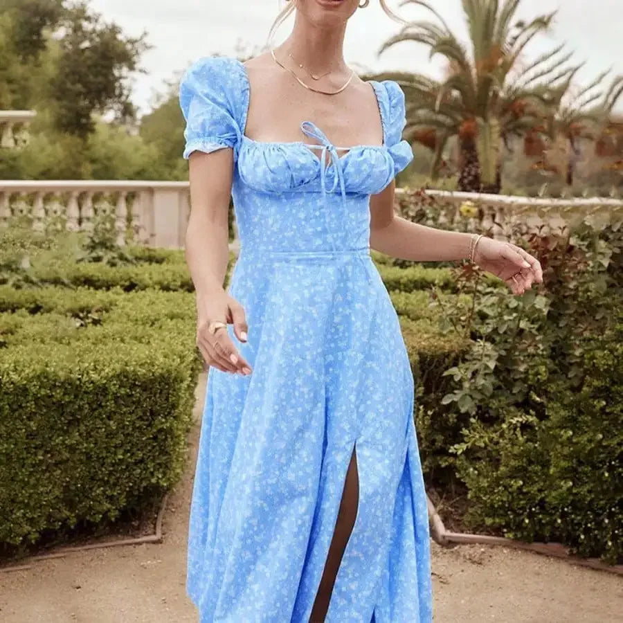 French Style Backless Floral Slit Spaghetti Strap Dress For Women