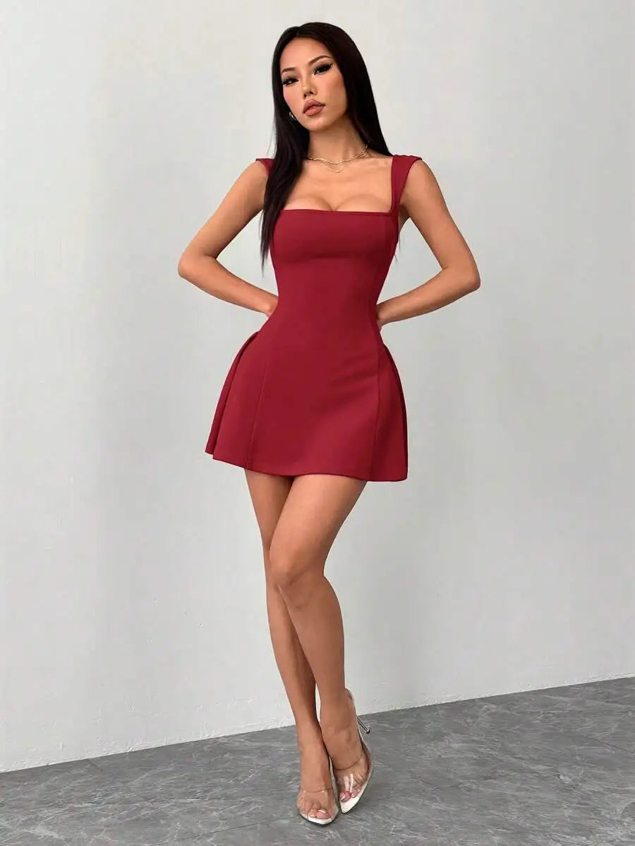 Women's Square Neck Mini Dress With Flared Skirt For Party