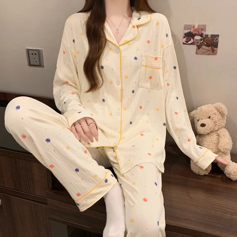 Harajuku Bow Tie Pajamas For Women Long Sleeve Top Pants