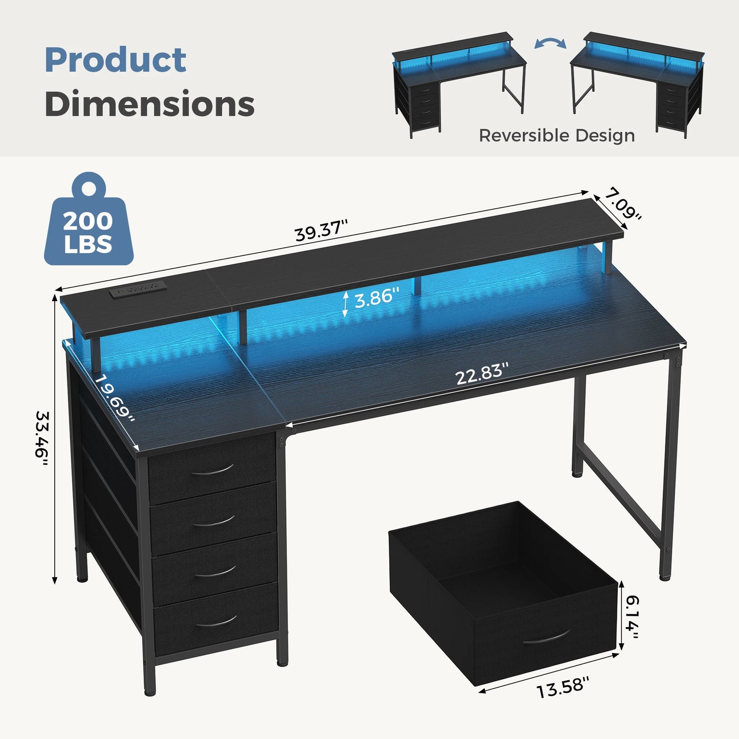 JHK Gaming Desk With 4 Drawers Power Outlets LED Lights