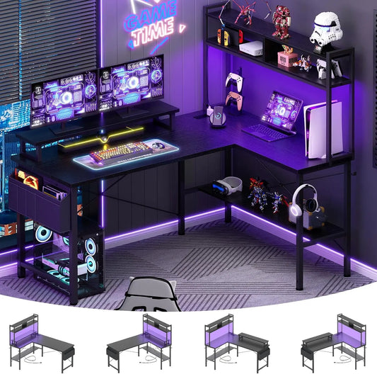 L Shaped Gaming Desk With LED Lights And Power Outlets