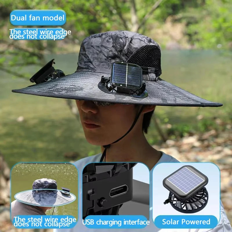 NONECN Wide Brim Solar Dual Fan Hat Outdoor Sun Protection