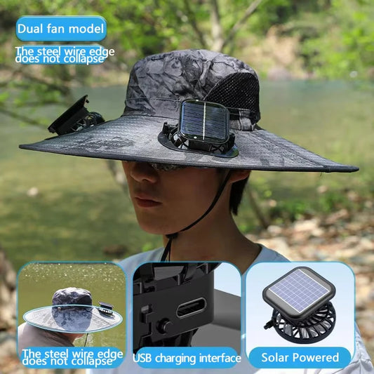 NONECN Wide Brim Solar Dual Fan Hat Outdoor Sun Protection