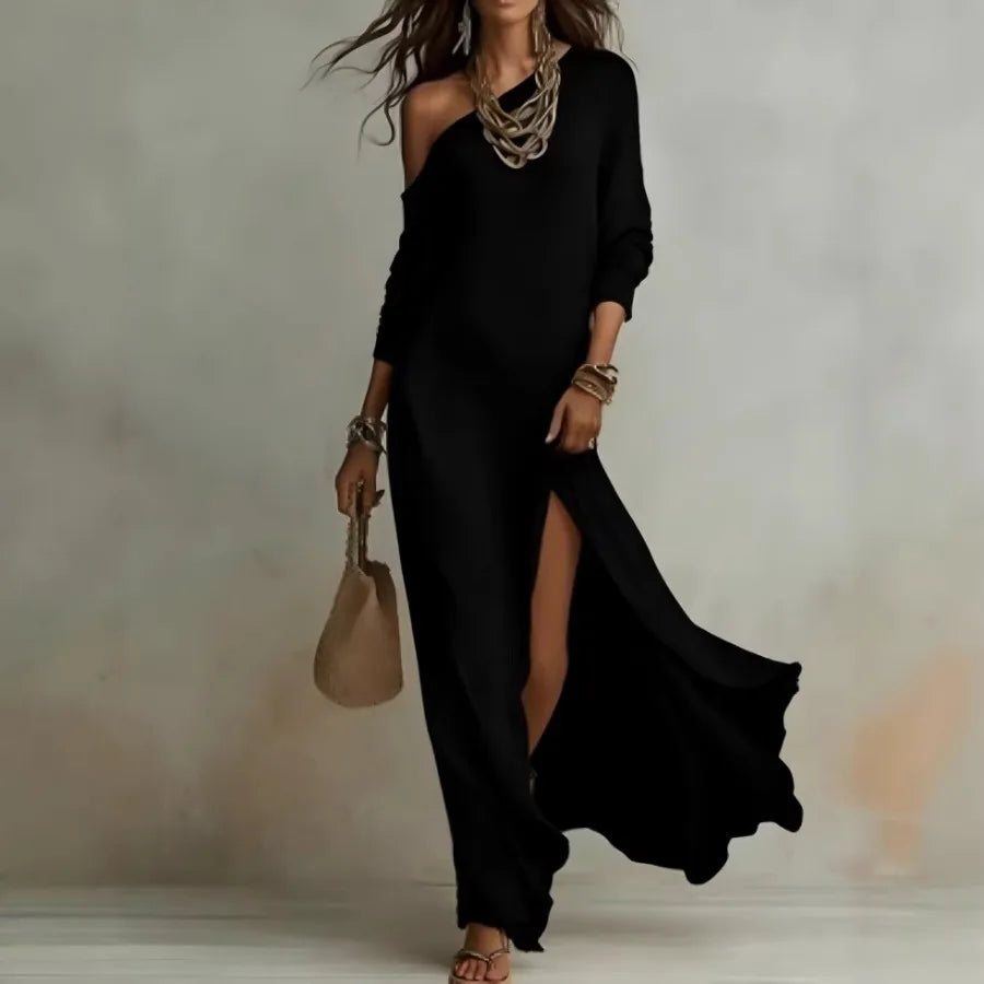 Women's Knit Pleated Long Sleeve Dress With Split Hem