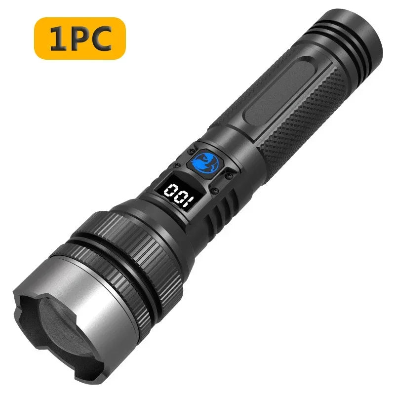 Skywolfeye Powerful LED Flashlight With Zoom Digital Display Rechargeable TypeC