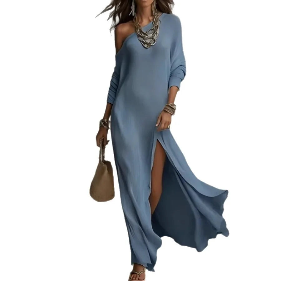 Women's Knit Pleated Long Sleeve Dress With Split Hem