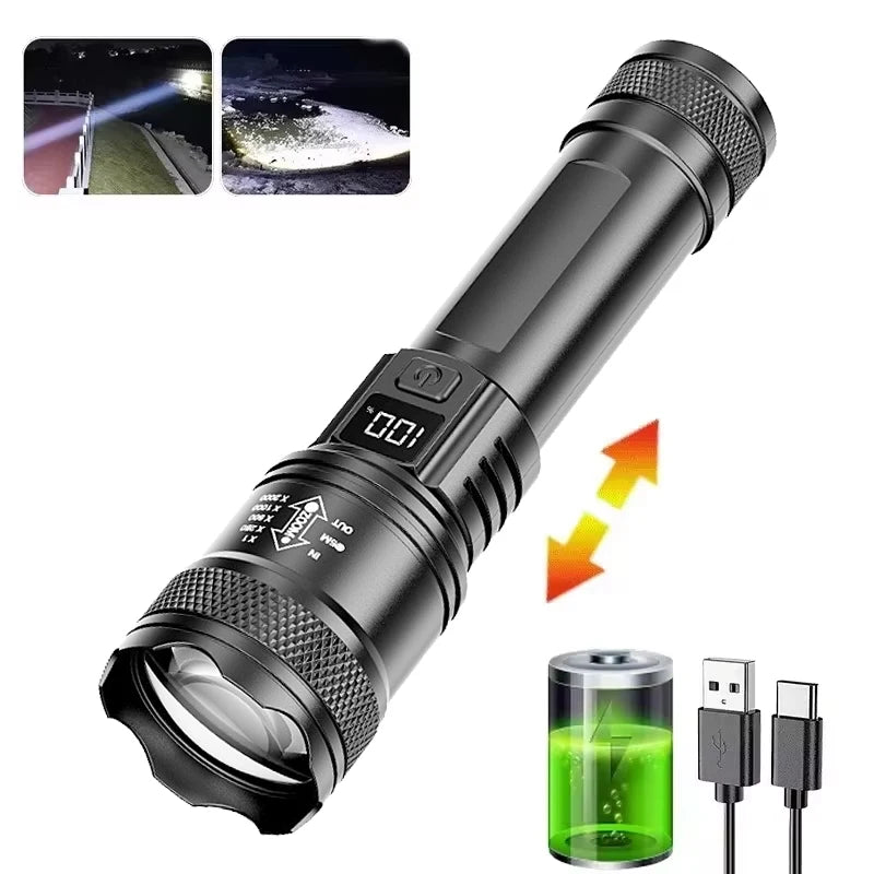 High Power LED Flashlight USB Rechargeable Torch with Zoomable Light