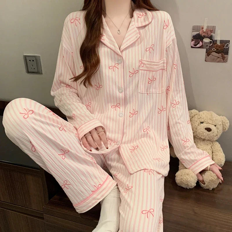 Harajuku Bow Tie Pajamas For Women Long Sleeve Top Pants