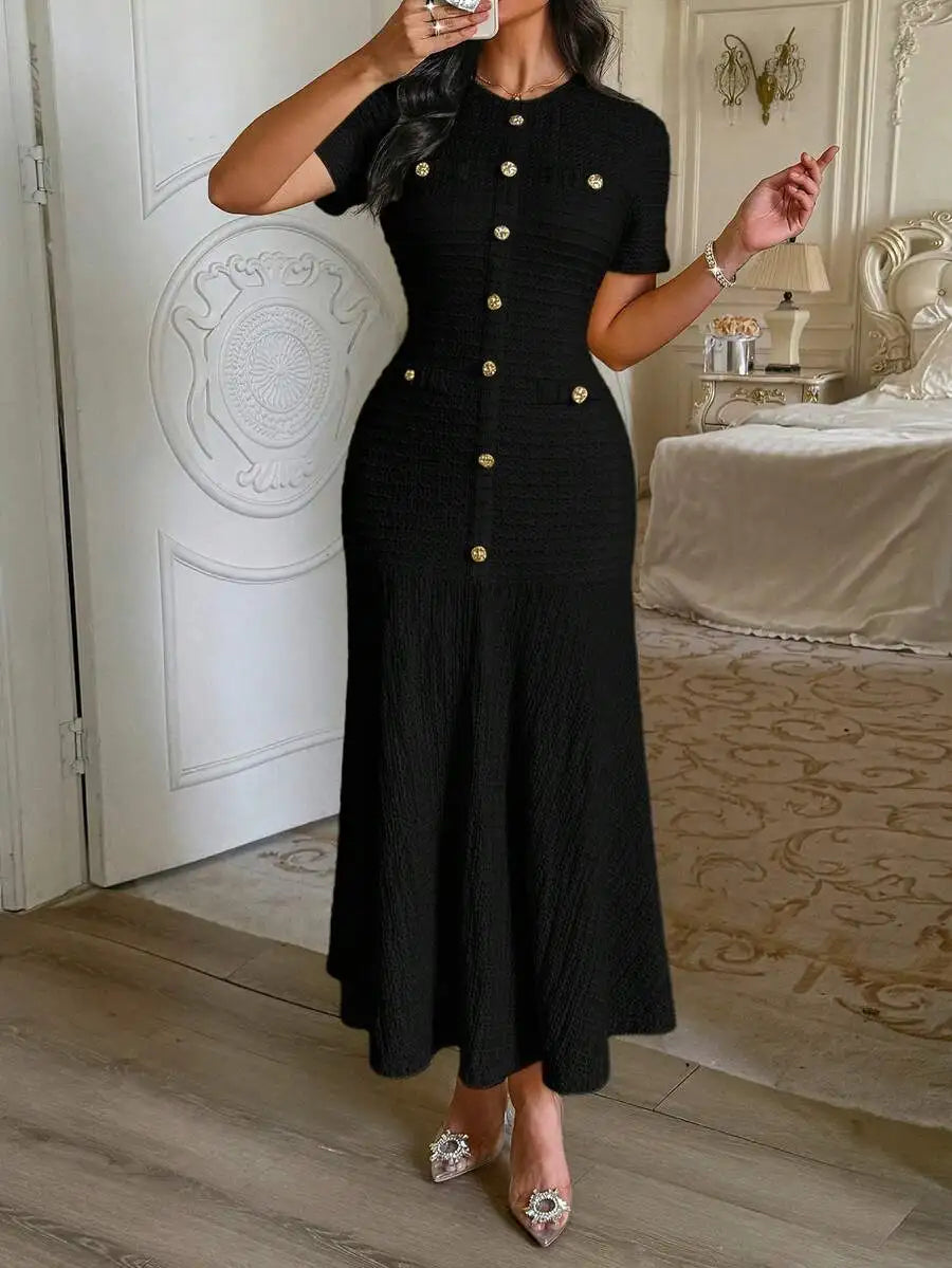 Textured Knit Midi Dress With Front Buttons And Faux Pockets