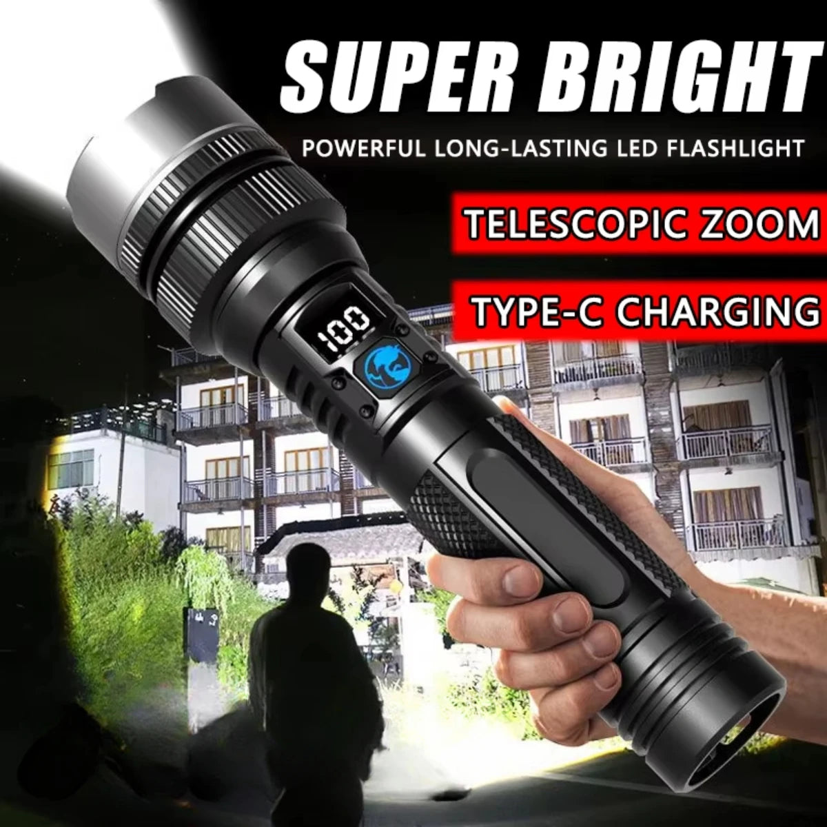 Skywolfeye Powerful LED Flashlight With Zoom Digital Display Rechargeable TypeC