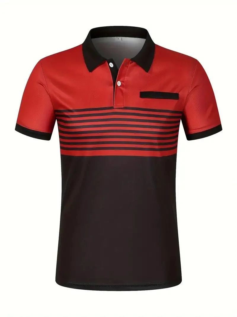 Men's V Neck Polo Shirt Striped Colorblocked Short Sleeve