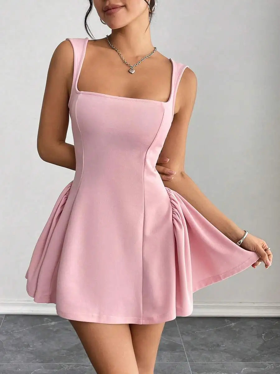 Women's Square Neck Mini Dress With Flared Skirt For Party