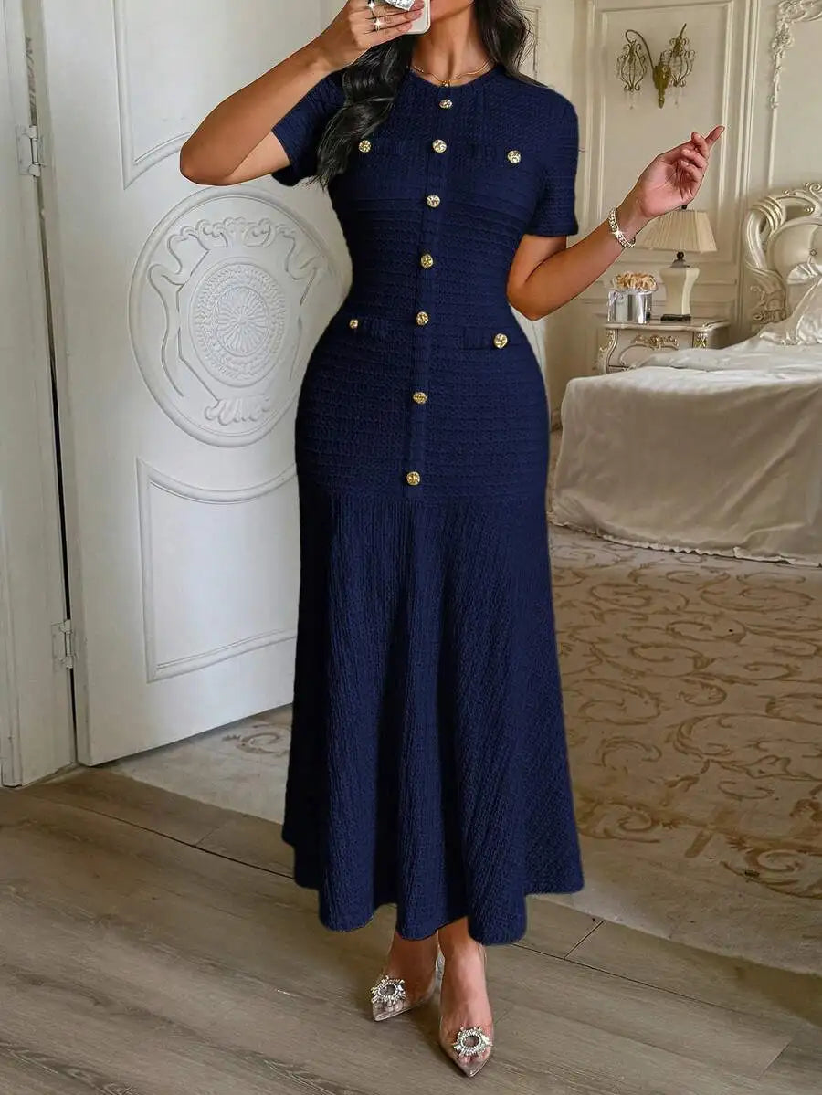 Textured Knit Midi Dress With Front Buttons And Faux Pockets