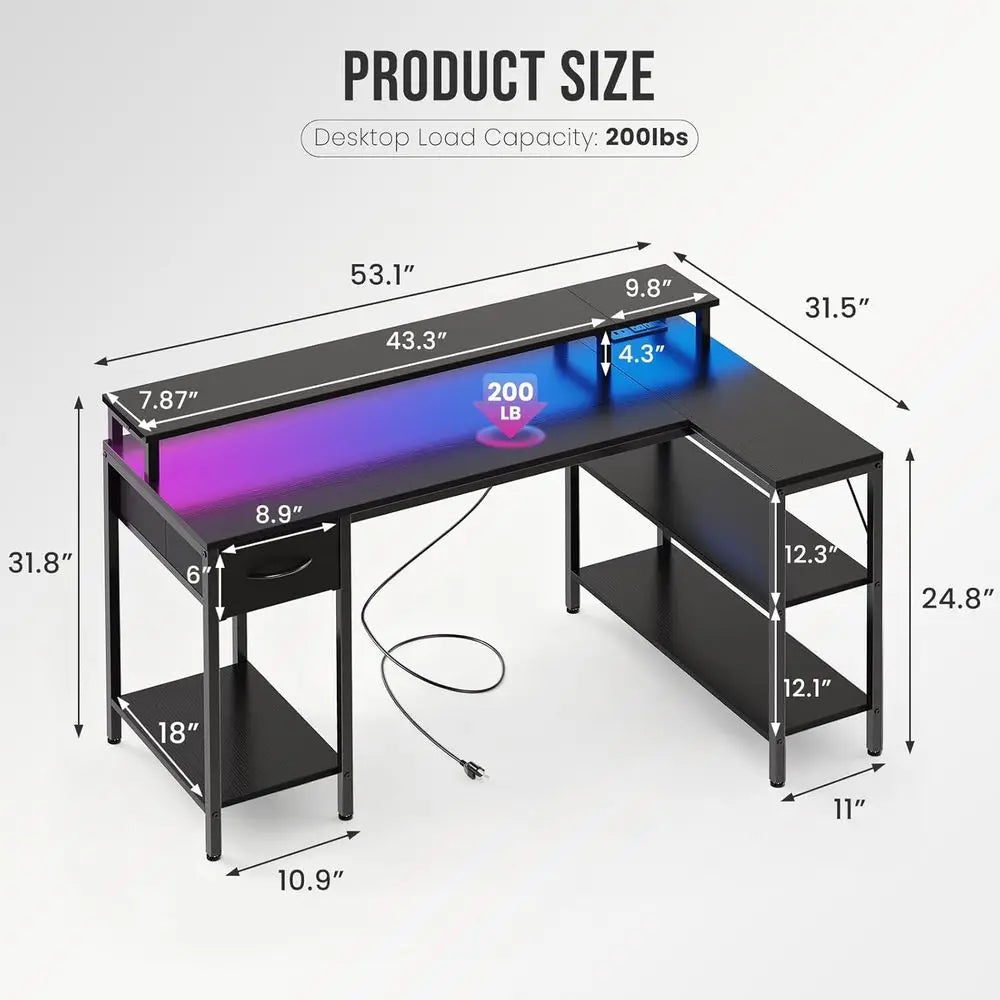 Gaming Desk USB Charging Ports And LED Lights L Shaped