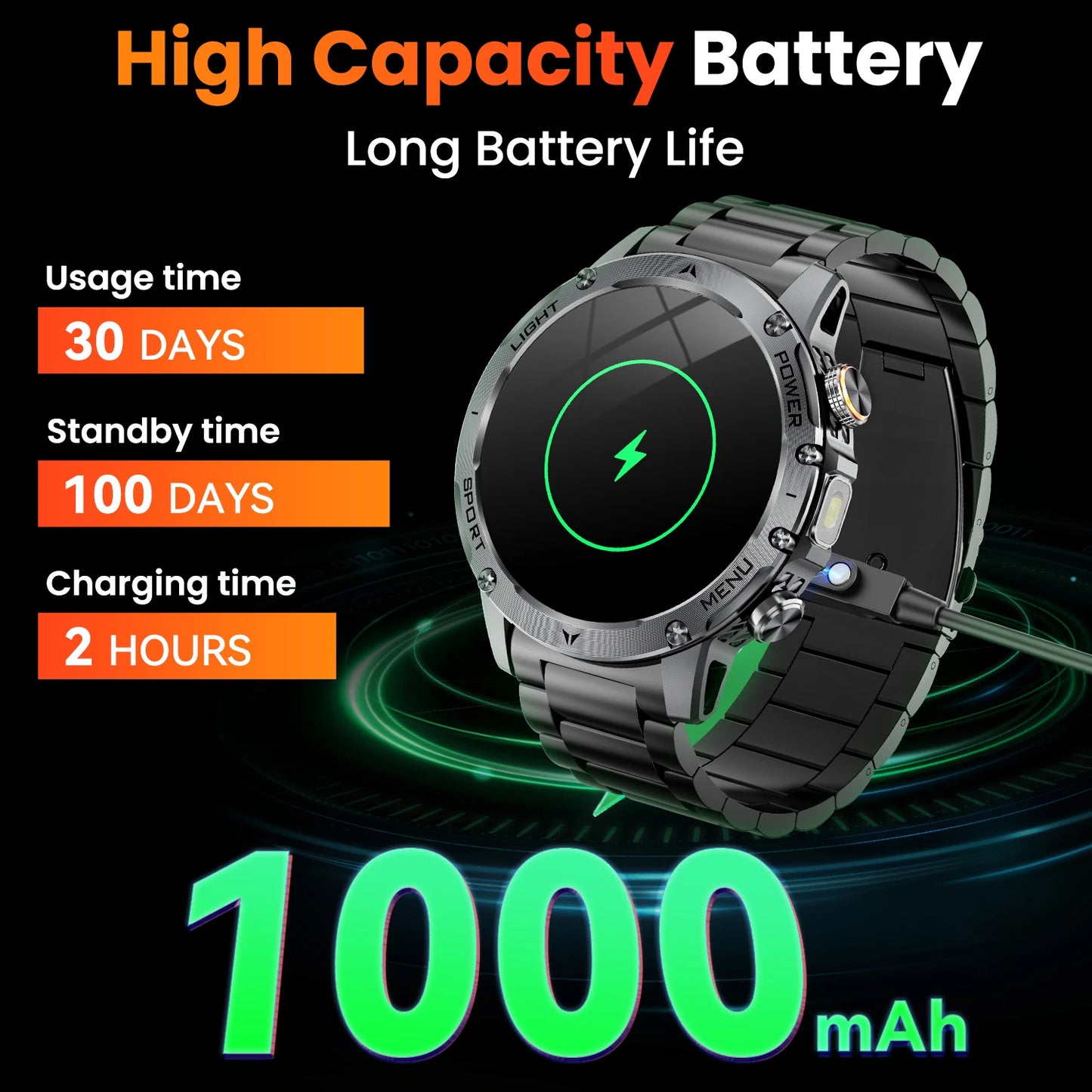 Military Smartwatch For Men With Bluetooth Call Health Monitor Waterproof
