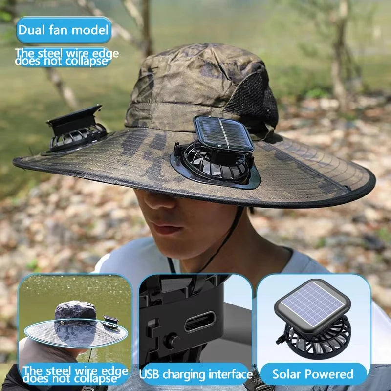 NONECN Wide Brim Solar Dual Fan Hat Outdoor Sun Protection