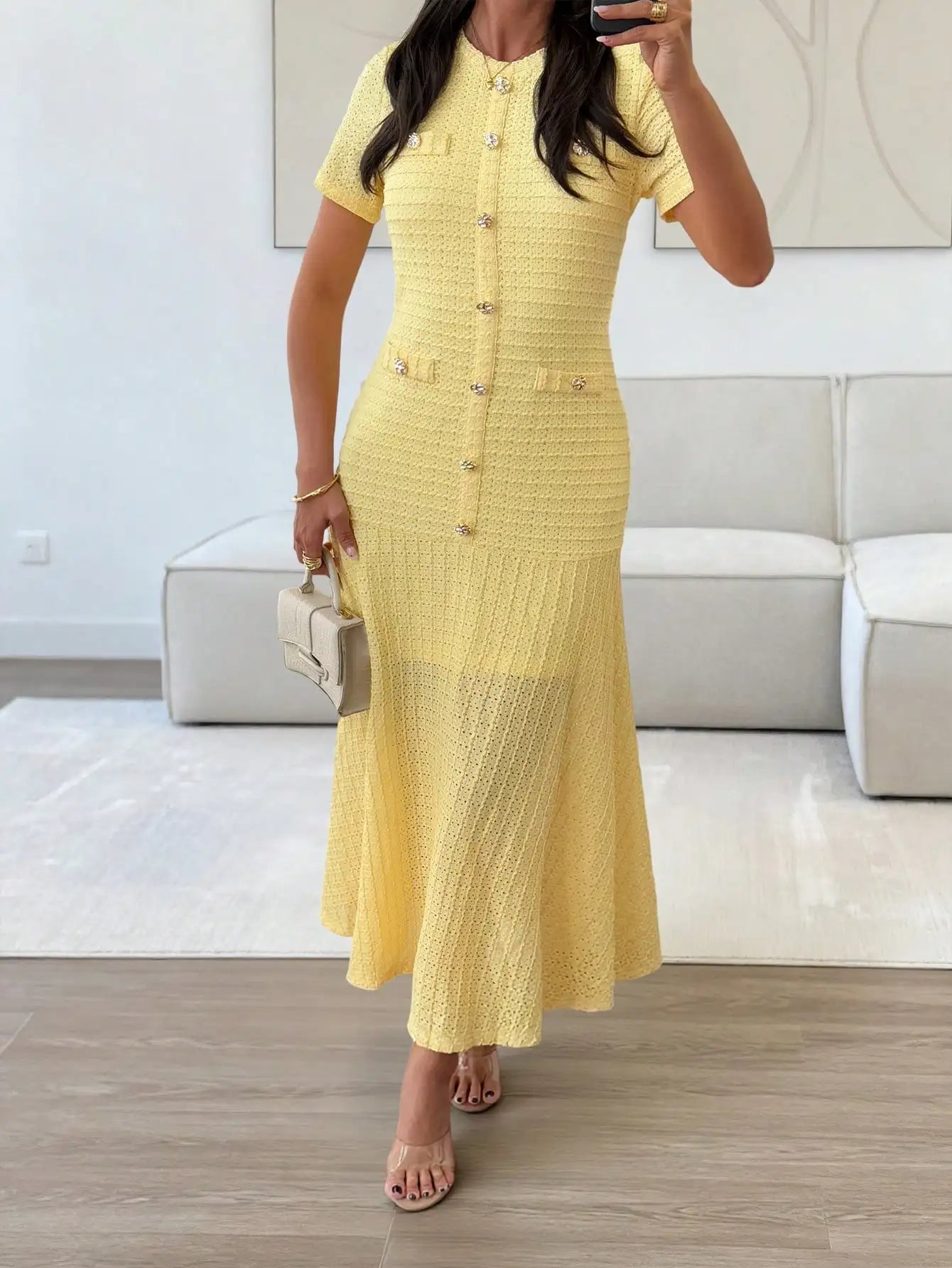 Textured Knit Midi Dress With Front Buttons And Faux Pockets