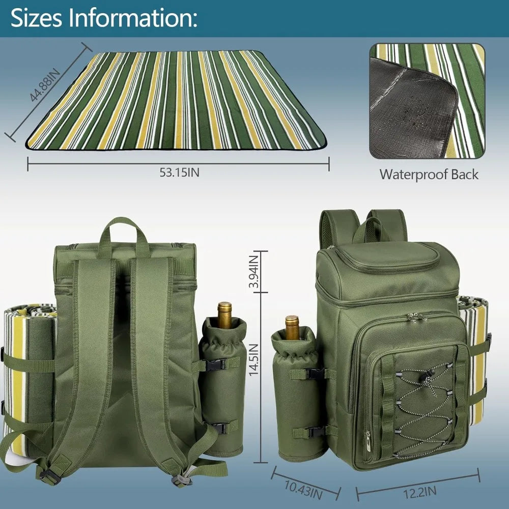 Picnic Backpack For Four With Insulated Cooler And Wine Holder