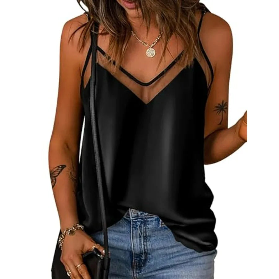 Womens Silk Satin Cami Tank Top Mesh VNeck Adjustable Straps
