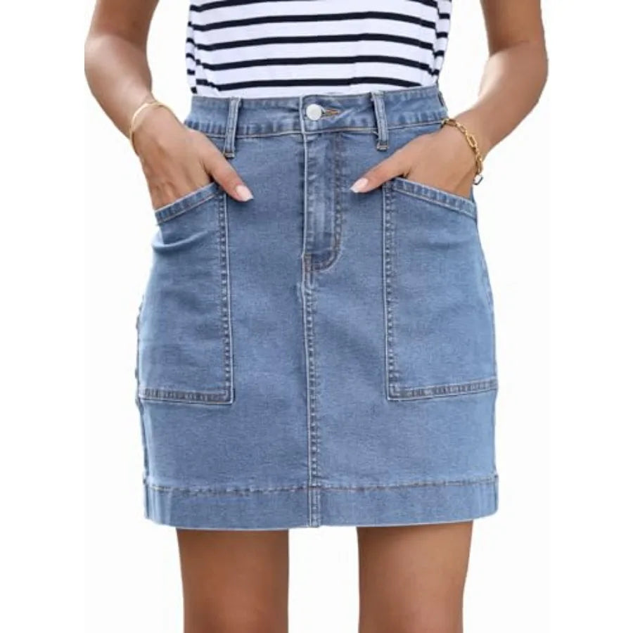 Sidefeel Women's Jean Skirt High Waisted Stretch Denim With Pockets