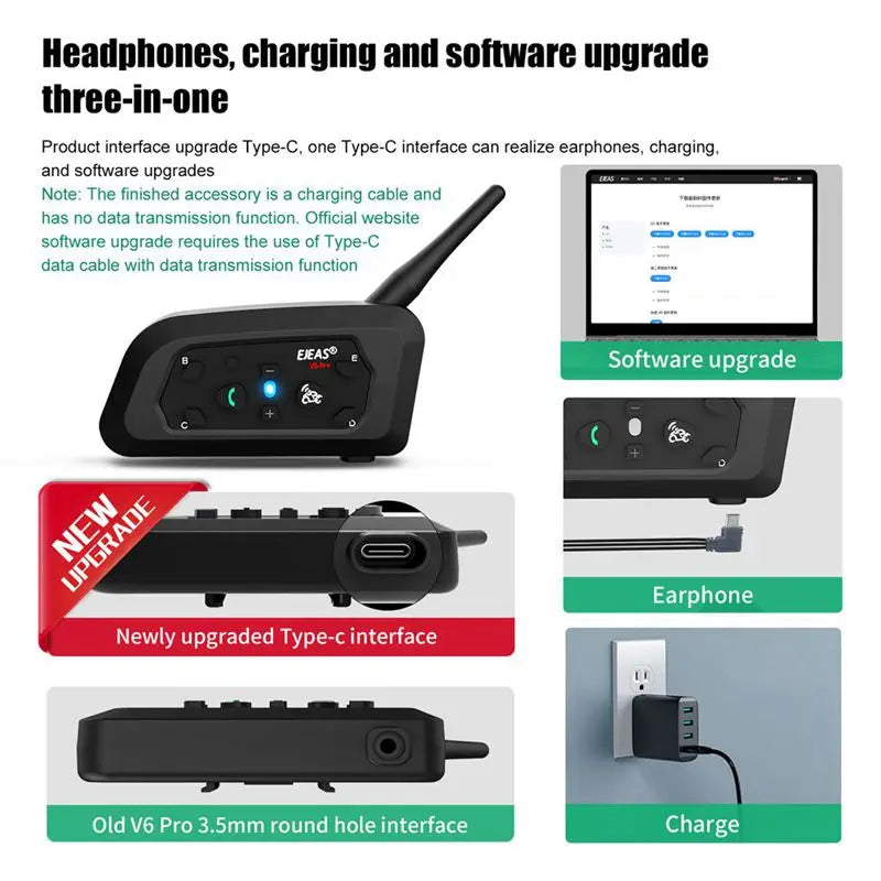 EJEAS V6PRO Motorcycle Intercom Headset Bluetooth 5.1 For Six Riders