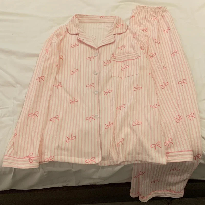 Harajuku Bow Tie Pajamas For Women Long Sleeve Top Pants
