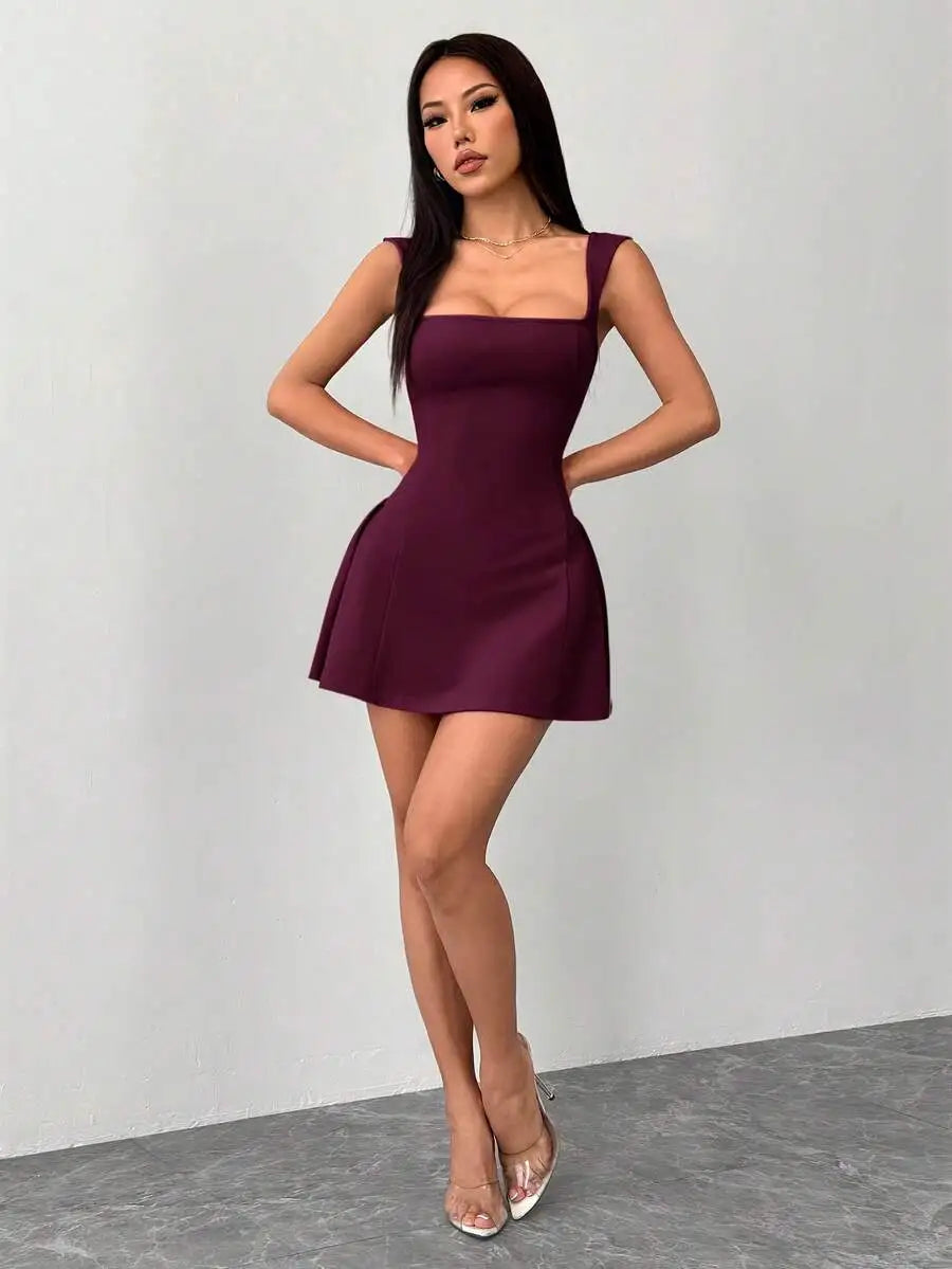 Women's Square Neck Mini Dress With Flared Skirt For Party