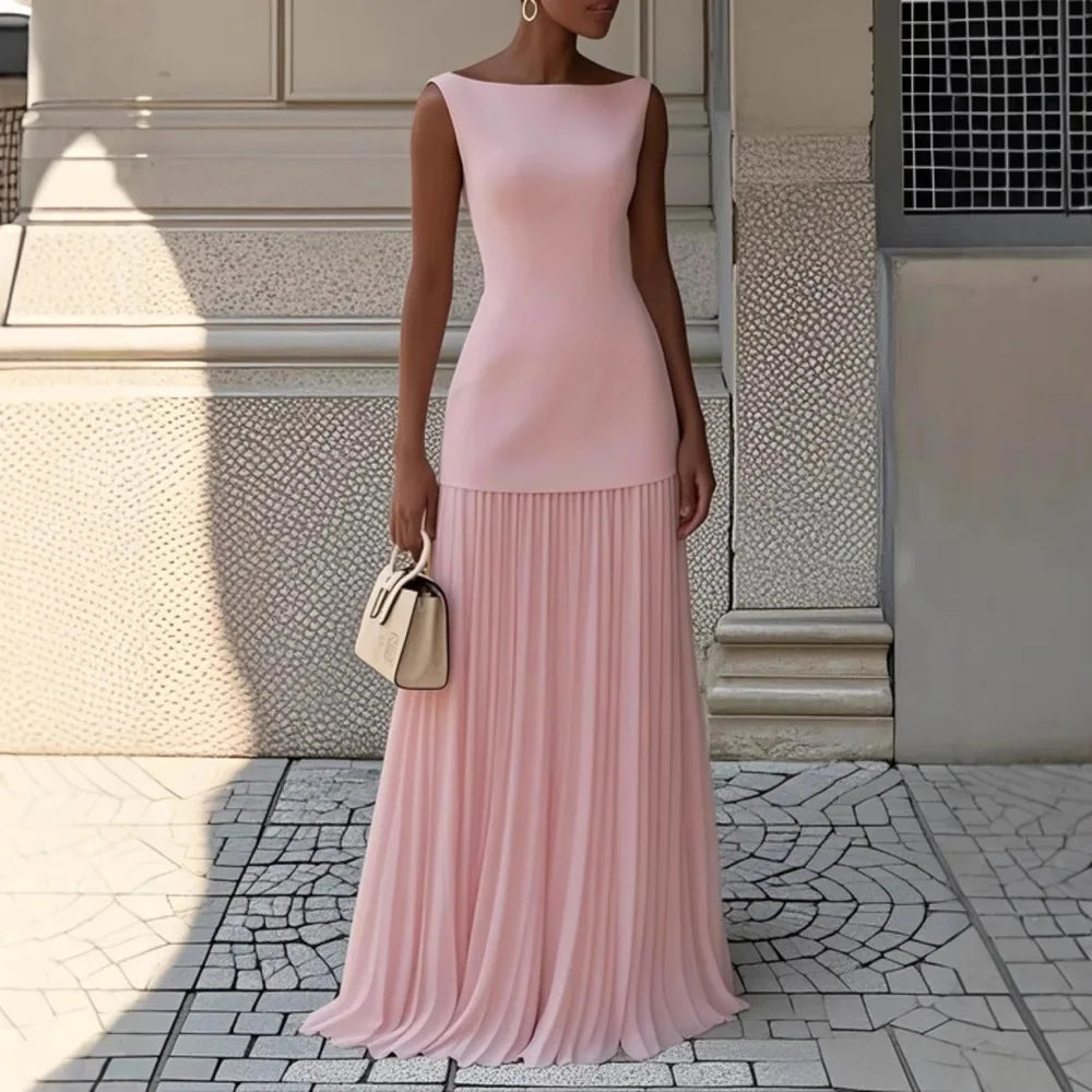 Elegant Dress Two-Piece Set With Pleated Vest Overskirt For Women