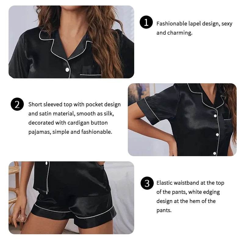 Hzoioys Satin Pajama Set Women Button Down Sleepwear 2 Piece