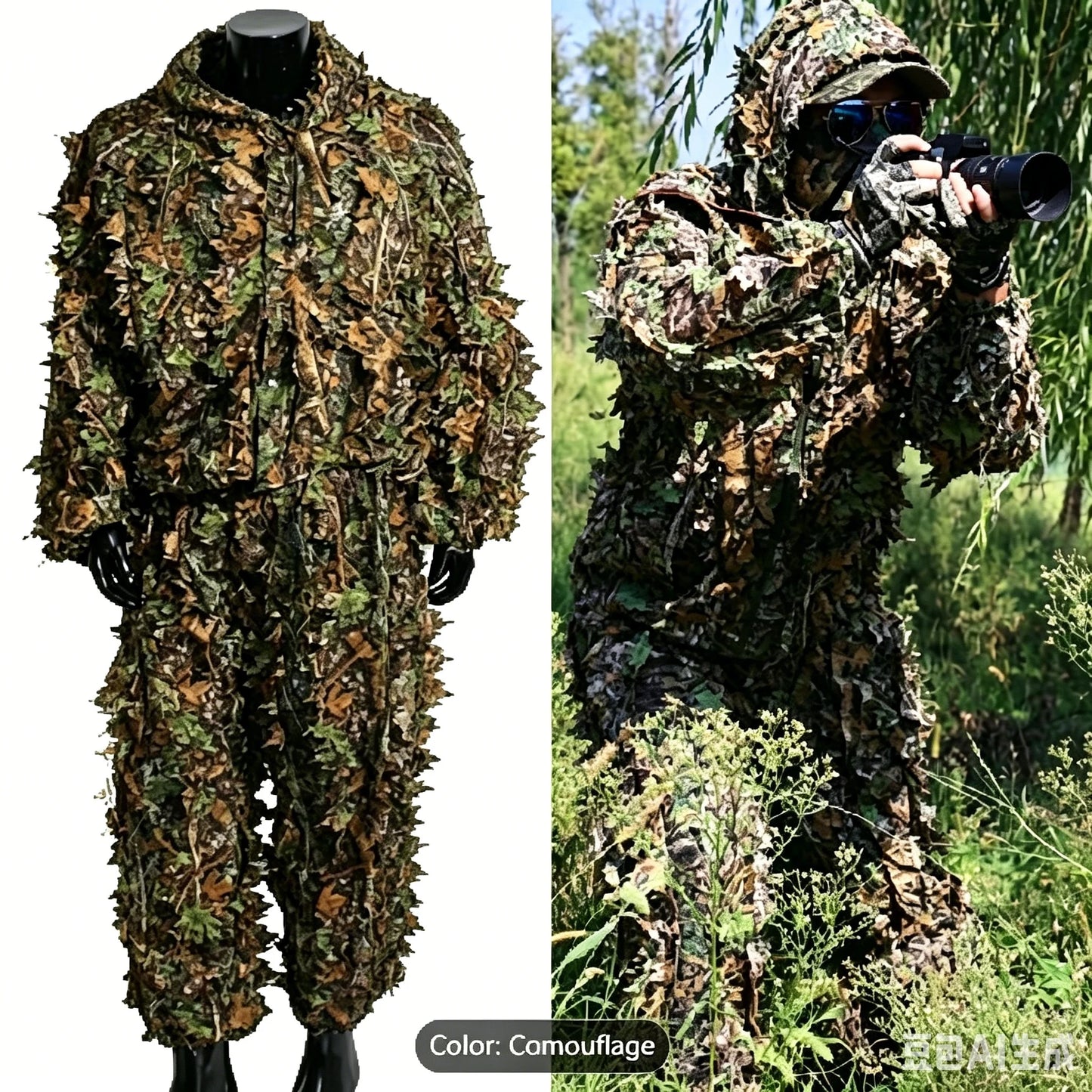 Lightweight 3D Ghillie Hooded Camouflage Hunting Outfit Unisex Breathable