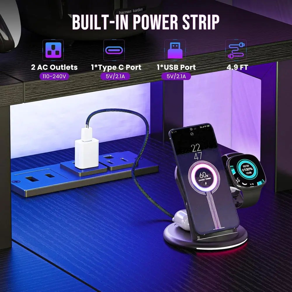 Gaming Desk USB Charging Ports And LED Lights L Shaped