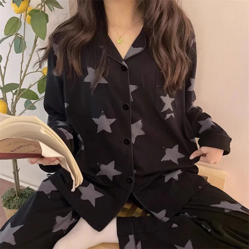 Korean Style Long Sleeve Pajamas Set Women Homewear Autumn