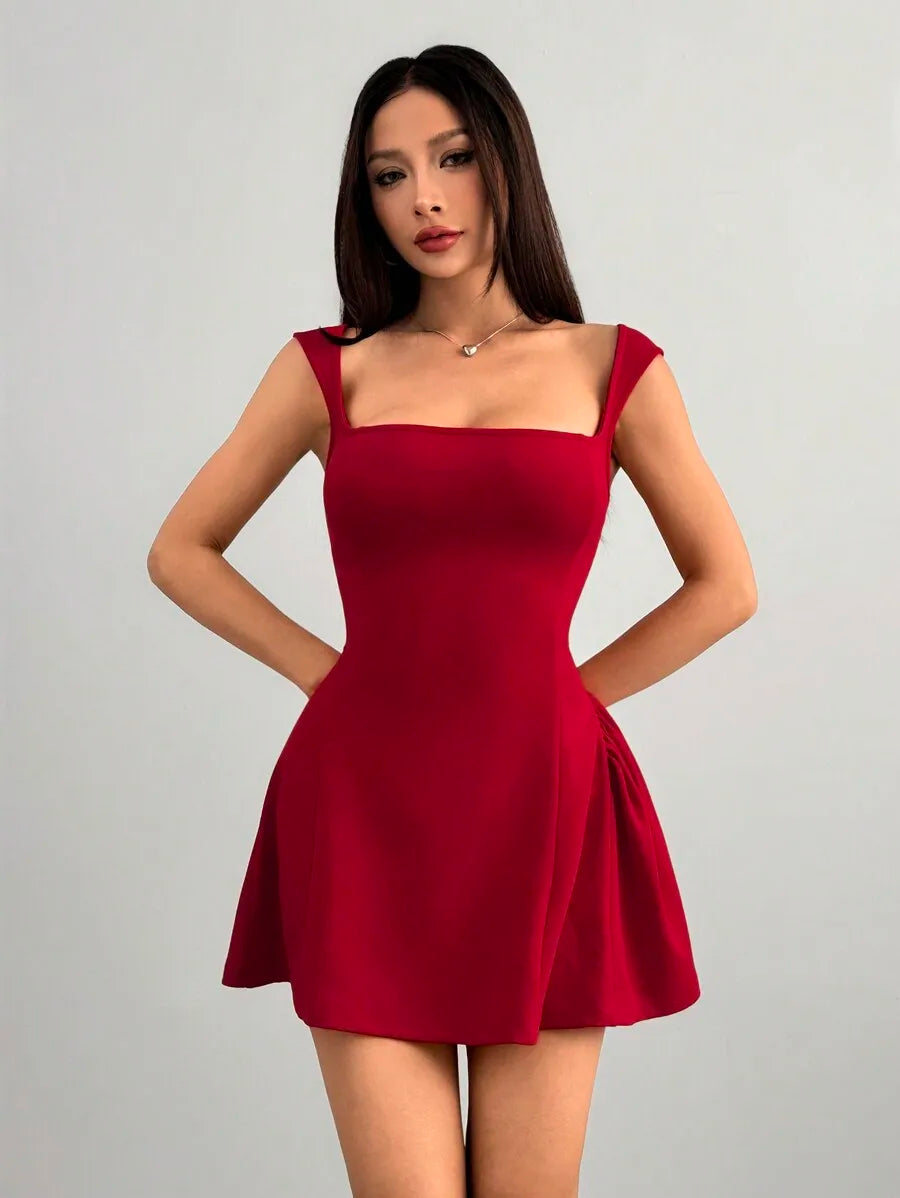 Women's Square Neck Mini Dress With Flared Skirt For Party