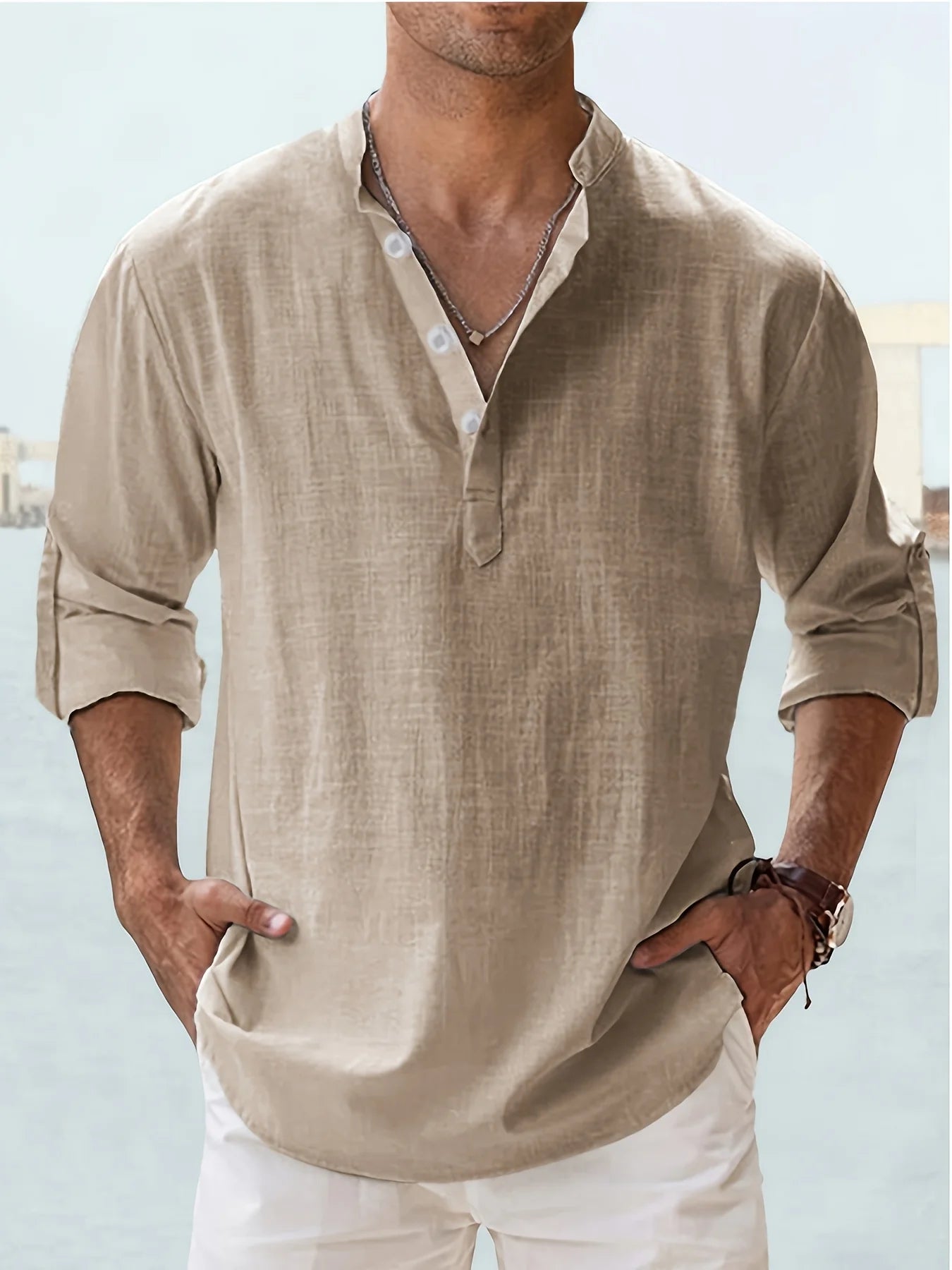 Men's Linen Stand Collar Long Sleeve Shirt Cotton Linen