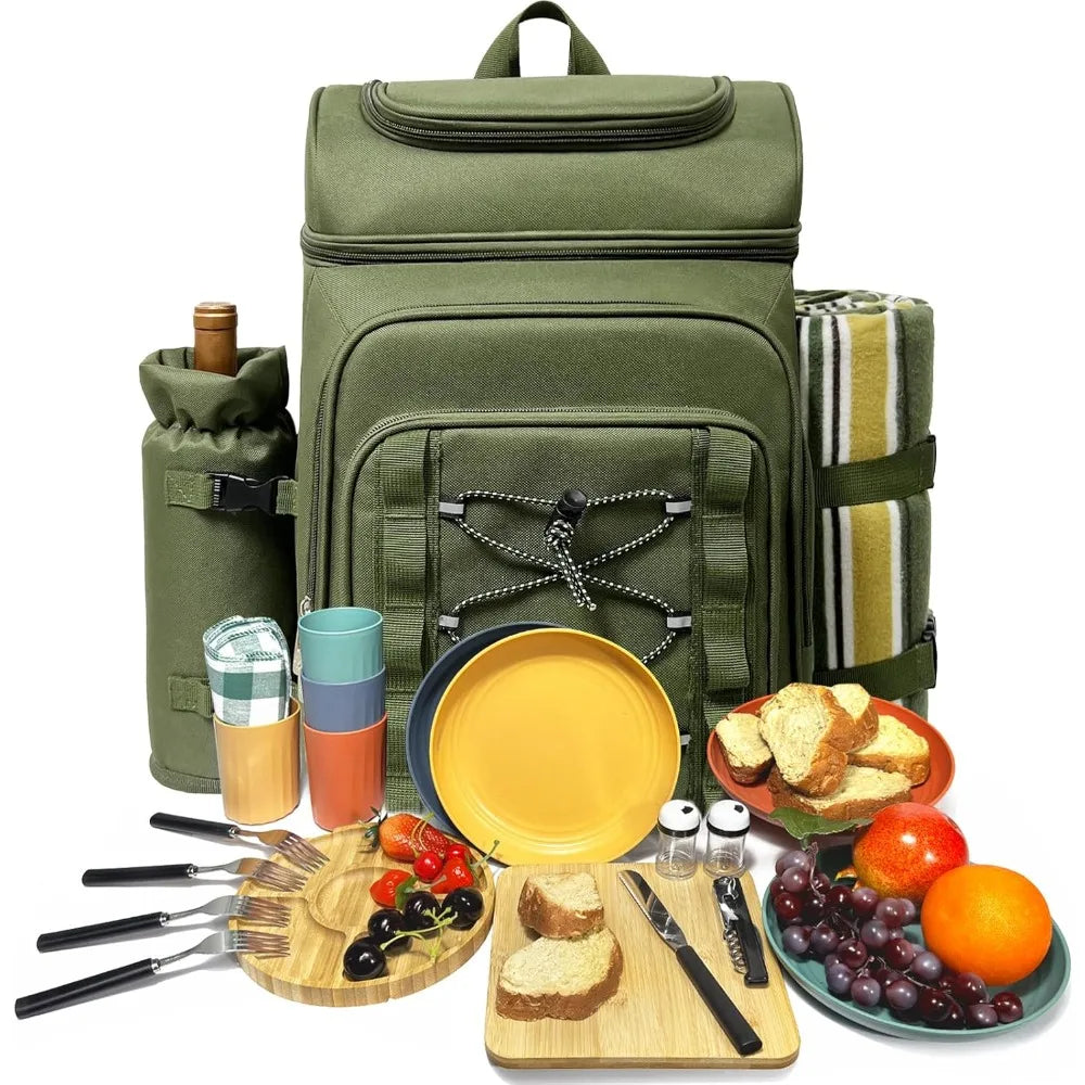 Picnic Backpack For Four With Insulated Cooler And Wine Holder