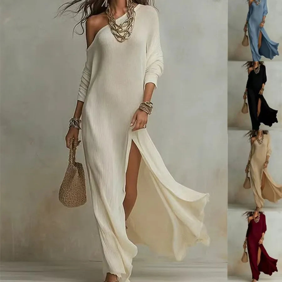 Women's Knit Pleated Long Sleeve Dress With Split Hem