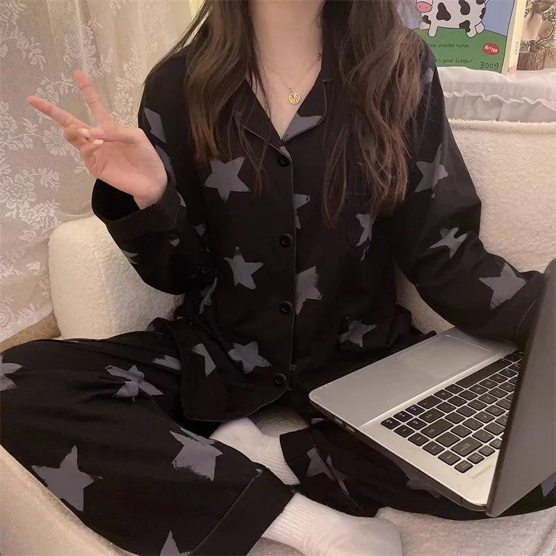 Korean Style Long Sleeve Pajamas Set Women Homewear Autumn