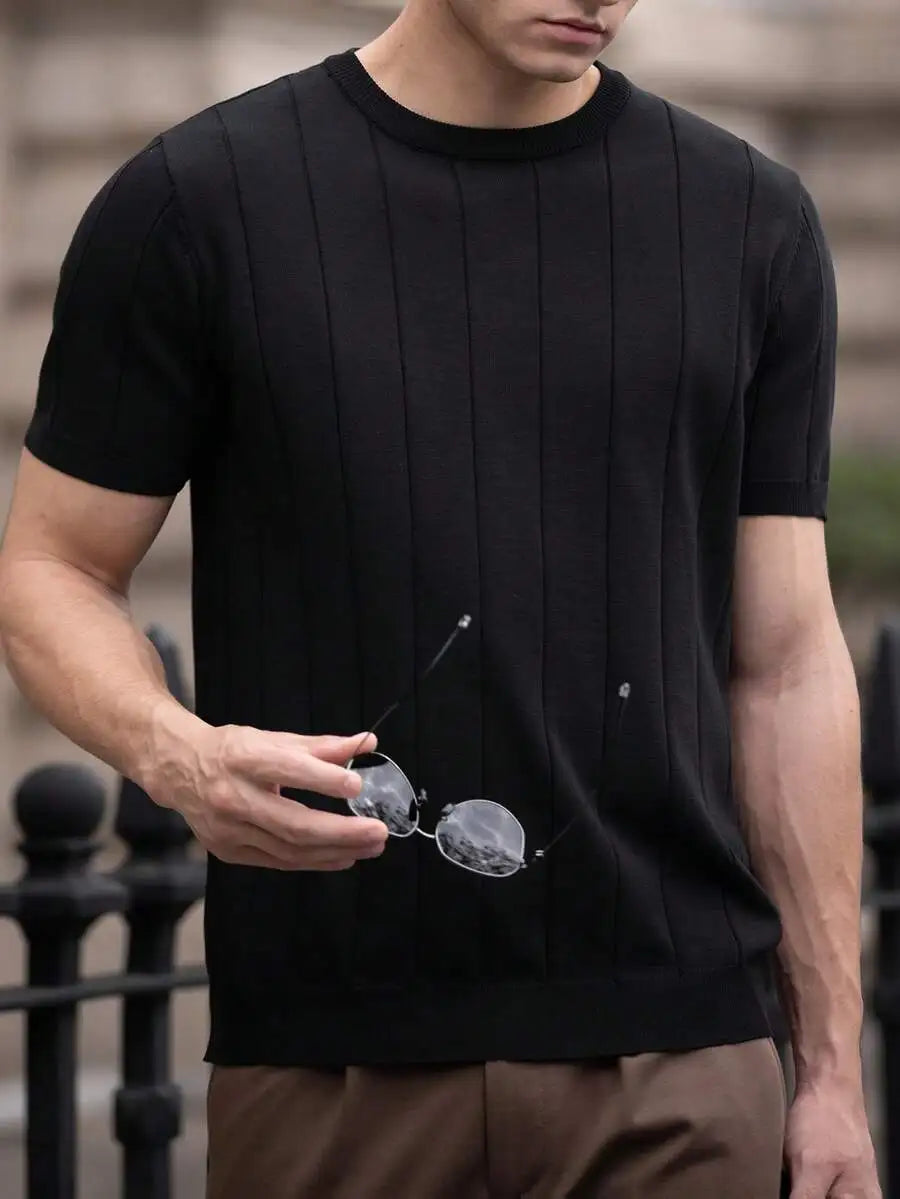 Minimalist Ribbed Knit Crew Neck Short Sleeve Men's Pullover