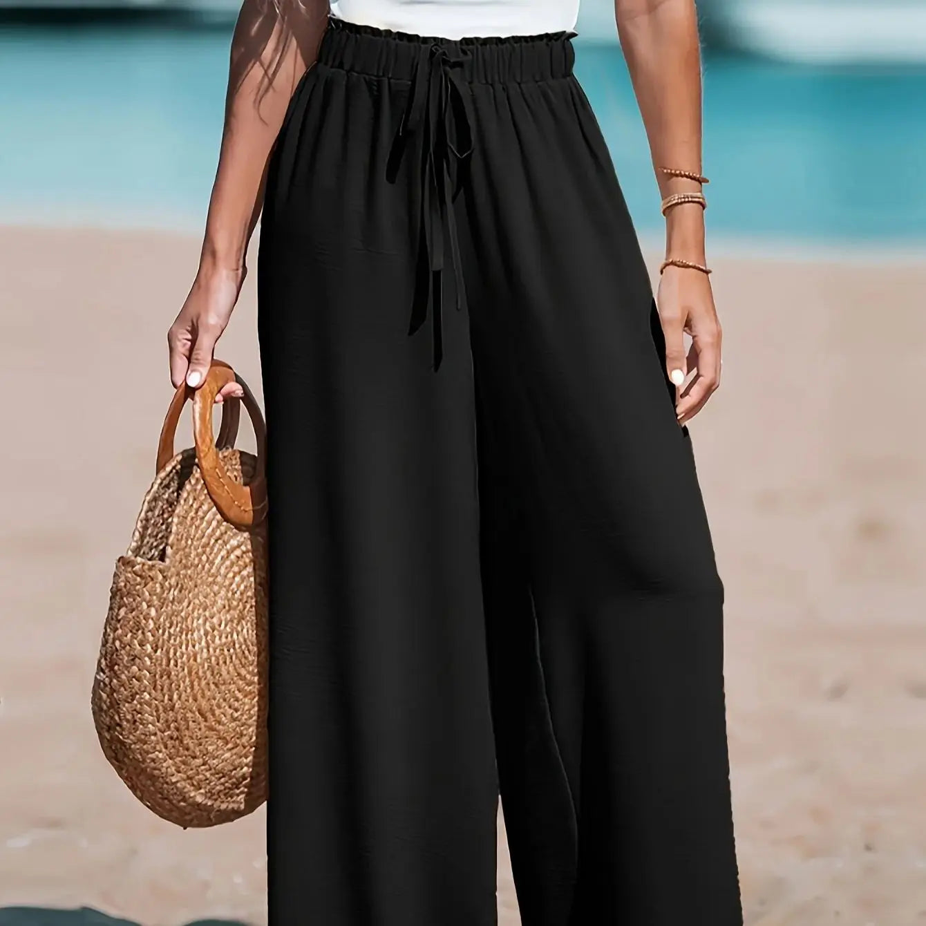 Women's Wide Leg Pants With Pockets Elastic Waist For Outdoor