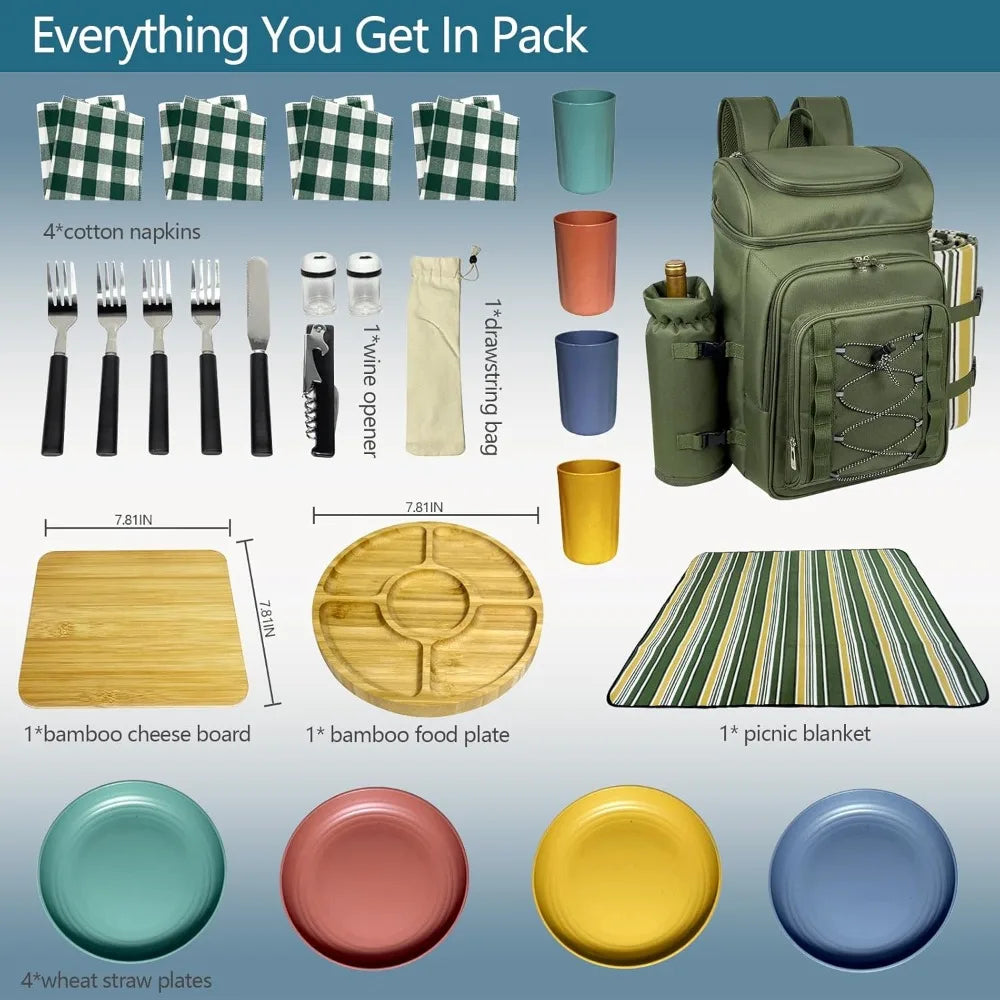 Picnic Backpack For Four With Insulated Cooler And Wine Holder
