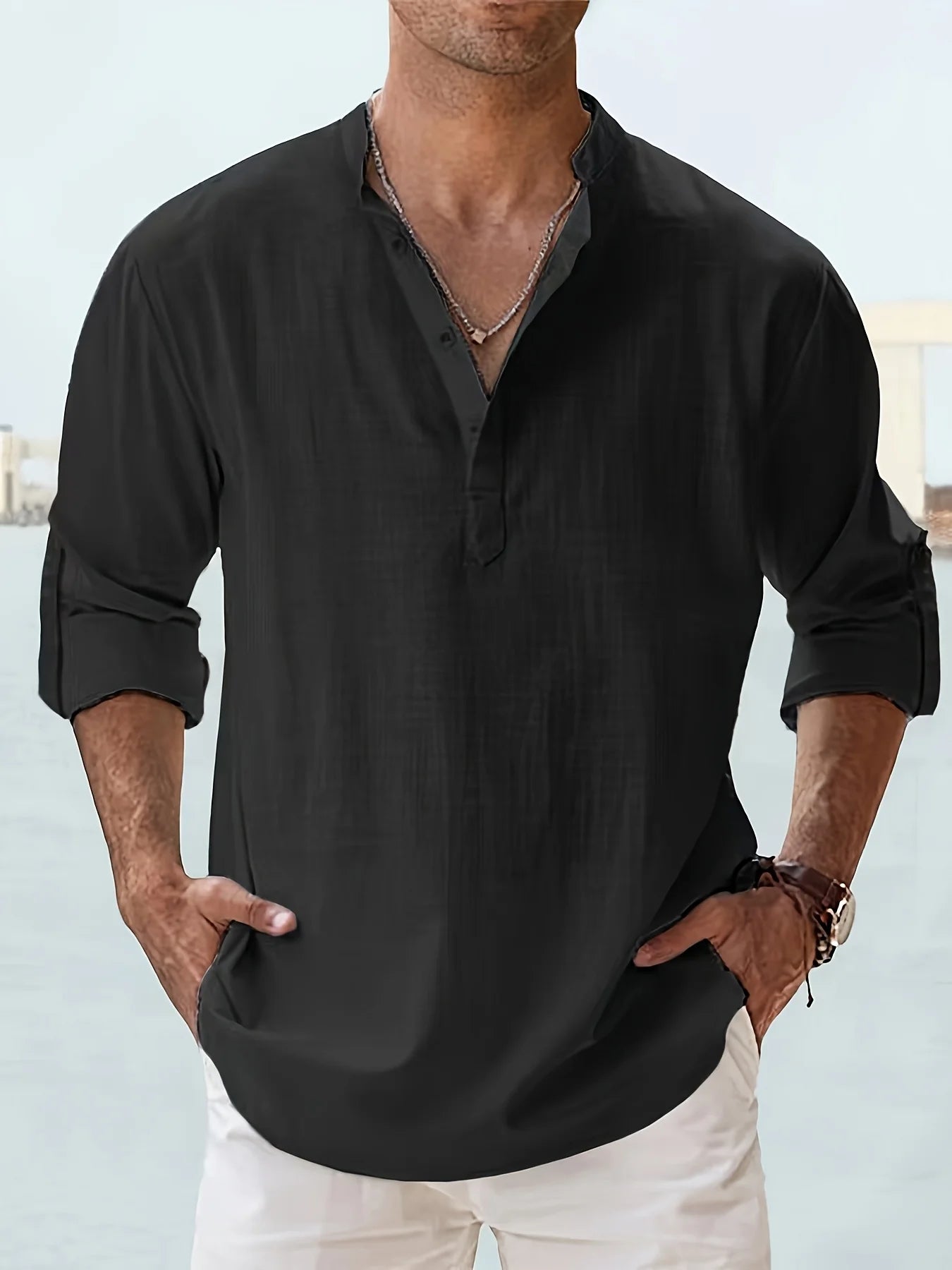 Men's Linen Stand Collar Long Sleeve Shirt Cotton Linen
