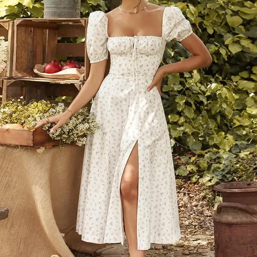 French Style Backless Floral Slit Spaghetti Strap Dress For Women