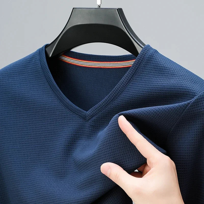 Men Waffle Knit V Neck Short Sleeve T Shirt Casual Top