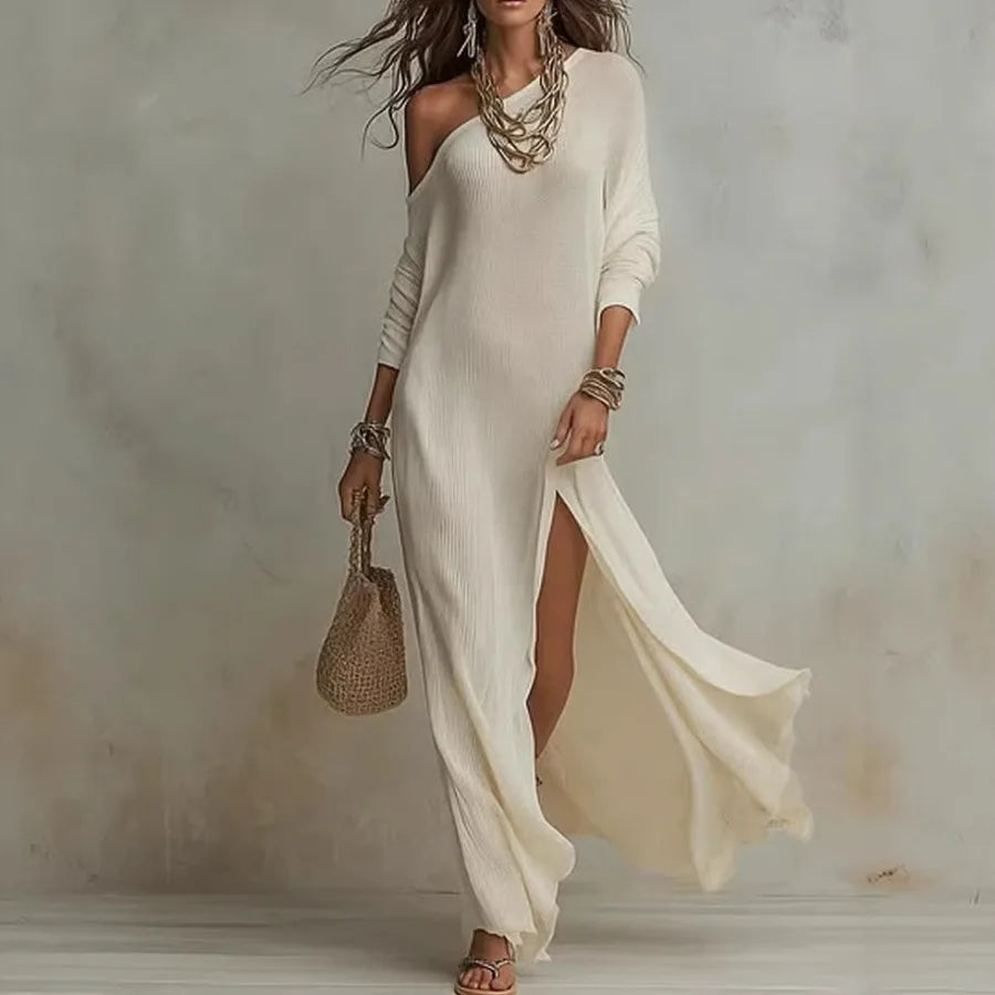 Women's Knit Pleated Long Sleeve Dress With Split Hem