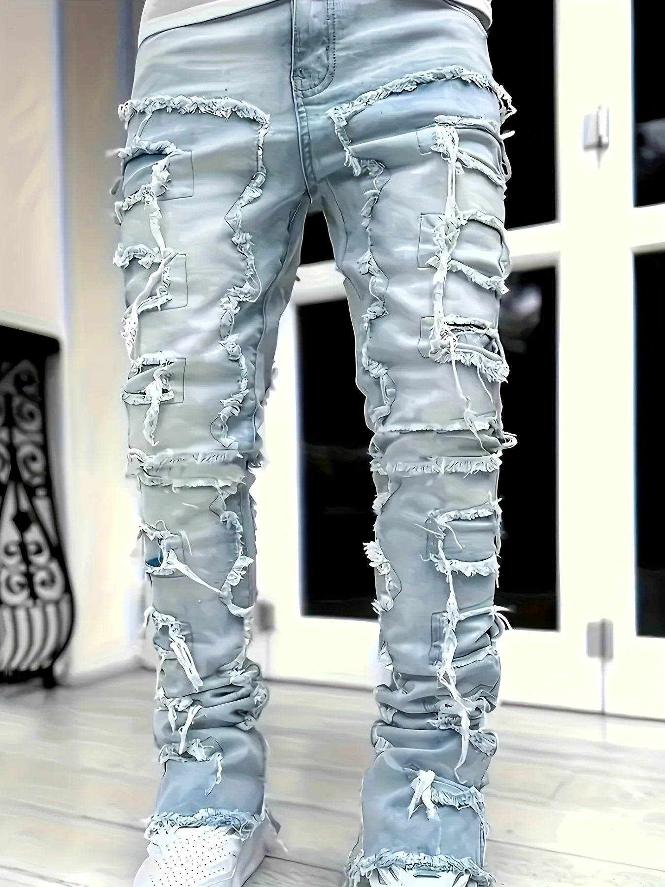Men Straight Leg Jeans Jacquard Denim Streetwear Hip Hop Style